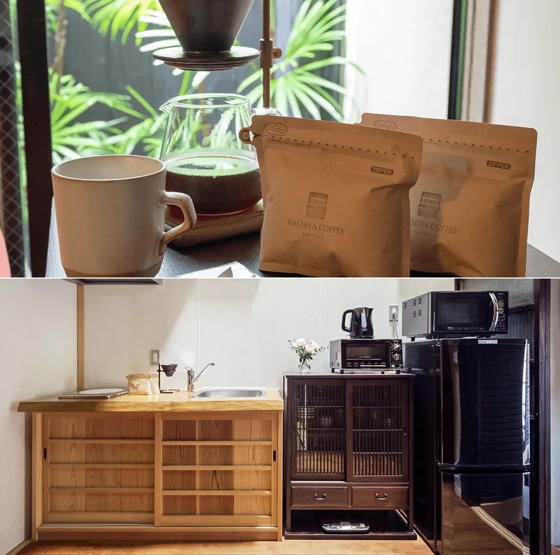 Townhouse bathroom amenities arranged on a wooden shelf