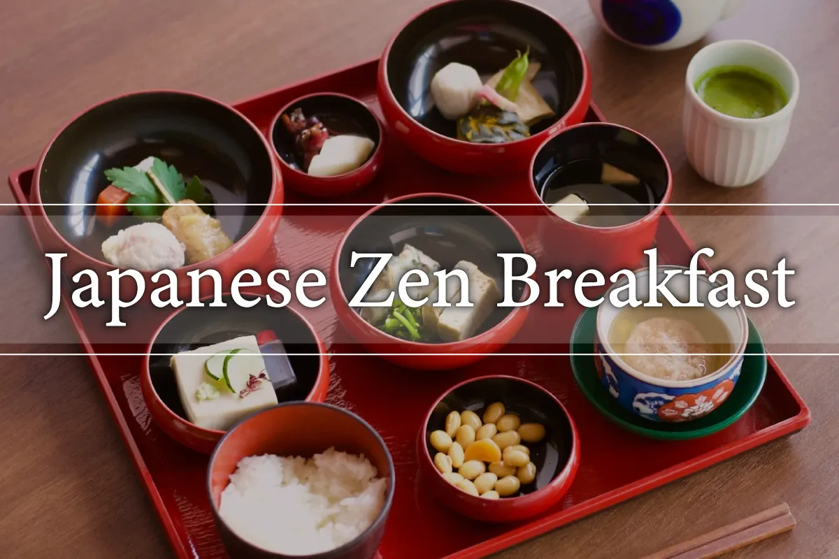 A shojin ryori vegetarian breakfast tray with rice, tofu, soup and pickles